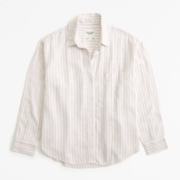 Abercrombie & Fitch Oversized Linen Blend Shirt Brown Stripe, Step Hem, Size XS - Picture 1 of 4